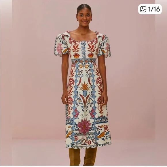 Farm Rio- Romantic Lightness Short Sleeve, embroidered Midi Dress size S - NWOT - Picture 1 of 9